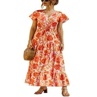 Žene Ležerne haljine kratkih rukava elastična struka Boho Dugme Tired Maxi Haljine Cvjetni ispisani