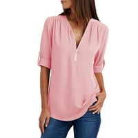 Meitianfacai majice za žene ŽeneZametnice Zip Ležerne prilike Tunnic Povratni bluza Majica V izrez T Majice za žene Pink XL