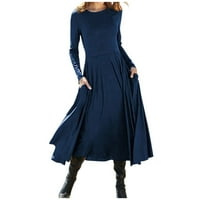 Ženska haljina modna ženska ležerna dugi rukav O-izrez Otkani Dame Labavi majica Haljina s džepom Plava