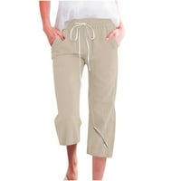 Qiaocaity Capris hlače za žene Ležerne prilike pamučne posteljine ljetne hlače široke noge salone hlače kaki 3xl