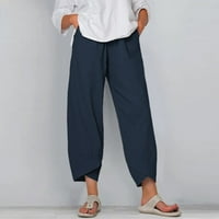 HHEI_K Papići za ženske ležerne ljetne čvrste boje elastične pamučne i posteljine labave pantalone džepove