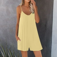 Ženski ljetni casual remenica bez rukava bez rukava s rastezljivim kratkim kratkim rukavicama s džepovima Yellow XXXXXL