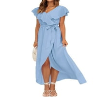 Welliumy Women Maxi haljine V izrez Ljeto plaža Sunduress Solid Boja duga haljina Ruched Laight Blue