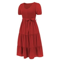 Ženske haljine kratki rukav čvrst modni modni gležanj dužine a-line okrugle dekolte, ljetna haljina crvena m