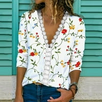Grafičke majice s dugim rukavima za žene cvjetne ispisane čipke za žene za žene s dugim rukavima V-izrez Slatke bluze