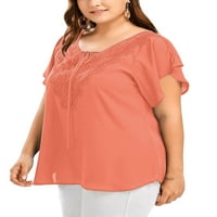 Beiwei Ženska tunika bluza s kratkim rukavima šifonske vrhove V izrez majica Laba majica Dame Tee Solid Boja čipka u Up Pink XL