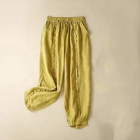 Dahich posteljine hlače Žene Ljeto obrezane gležnjače Dužina pamučni pamučni elastični struk casual labav sa džepovima kravata čvor žuta m