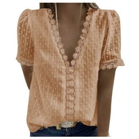 Vrhovi za žene casual moda čipka kratki rukav V-izrez pune bluzene bluze košulje vrhovi beige xl