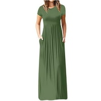 Yuwull ženske maxi haljine ljetne okrugli vrat kratki rukav duge casual haljine labave obične elegantne večernje haljine s džepovima vojska zelena