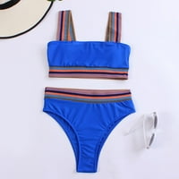 Ženska boja blok rebrasti plemen Bikini set kontrastni oblozi kupaćih komisija Plavi l