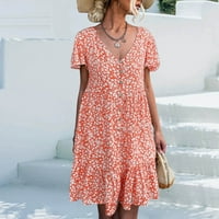 Ljetne haljine za žene iznad koljena boemskog cvjetnog kratkih rukava A-line V-izrez putna haljina narančasta