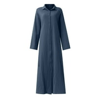 Haljine za ženske ležerne pamučne posteljine čvrste boje labave temperament duge majice mornarice 2xl