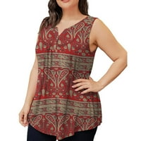 Ljetne odjeće za ženske rezervoar za okrugli vrat Top Plus size Ženski rezervoar Ljeto tiskovina bez rukava trendy casual bluza Dugme Tuničke majice Plus veličine uzorak Crta majice za žene, crvene, 3xl