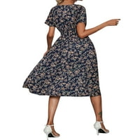 Lilylll ženski kratki rukav V izrez za izrez visoke struk cvjetni print maxi haljina