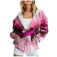Grafičke dukseve stabilna odjeća Ženski dugi rukav cvjetni ispis Dukserica dugih rukava džepna jakna sa zatvaračem Hoodie kaput vruće ružičaste L