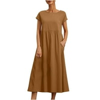 Žene ljetne haljine Ležerne prilike ljetne pamučne posteljine pune boje okrugli vrat kratki rukav haljina duga haljina kafa A XL