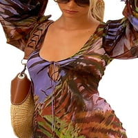 WASSERY ženska visoka splitska haljina za dugu haljinu ispis laterne rukave za vezanje prednjih bodycon haljina ljetna odjeća s niskim rezom plivanje