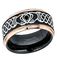 Claddagh Tungsten Prsten - 2-tonska ruža zlata i crnog volfram Carbide Wedding - 0,07ct Black Diamond
