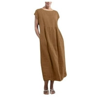 Ženske ljetne haljine Ženski povremeni čvrsti pamuk i konoplja modni džep O-izrez Dress Brown