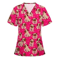 Ušteda Žene ljetne vrhove V-izrez Tee majica Casual Comfy Pulover Top Slatki grafički džepovi za ispis Radna uniforma kratkih rukava Teen Grils Modne košulje za žene Hot Pink XL
