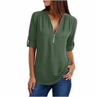 Plus veličine tuničkih vrhova za žene rukav čvrsti zip casual vrhovi V-izrez ljetna bluza dnevno nose S-5XL maslina zelena