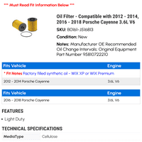 Filter za ulje - kompatibilan sa - 2014, - Porsche Cayenne 3.6L V 2017