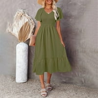 Bazyrey ženske haljine Ljeto kratki rukav A-line haljine ženske solidne modne V-izrezne haljine zelene