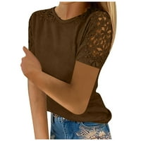 Zakon sada! Himeway Ženski vrhovi Ženska modna čipka Šuplja Čvrsta boja okrugli vrat Kratki rukav T-majica Brown XL