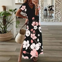 Ljetne haljine za žene V-izrez Floral Maxi Dužina gležnja Seksi datum kratkih rukava ružičasta L