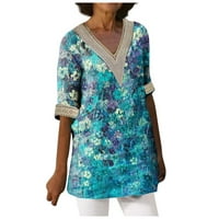 Ljetne ženske košulje Ženska modna labava ležerna tiskana čipka patchwork V-izrez T-majica Top plava L