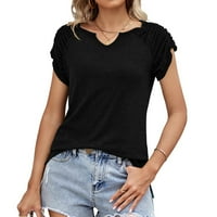 Ženska modna casual puna boja labava V izrez elastična kratka rukava kratka ruka majica top crna l