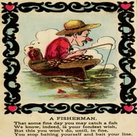 Komična karta ribara sa linijom i jogom duhova iza njega u posteru za brod