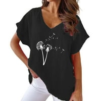 PXIAKGY T majice za žene Botanički print V vrat pamuk casual bat kratki rukav majica za žene crna +