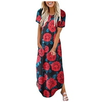 Ženska džep kratkih rukava Ležerne cvjetne tiskarske plaže Long Maxi Labave haljine Ljetne haljine za