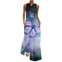 Maxi haljine za žene Ljeto V izrez bez rukava Ležerne prilikom labavog leptira tiskani linijski džepovi za odmor na plaži ljuljaju dugu haljinu