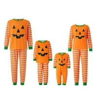 Mlavičast Porodični meč Pajamas Set, Halloween Stripe Pumpkin Print Okrugli vrat Dugi rukav + Duge hlače za roditelje Djeca