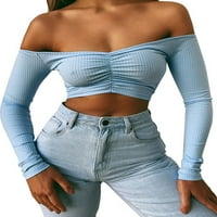 Allhope Women's Off ramena majica s dugim rukavima s rebrastim pletenom bluzom izložene pupak tanke vrhove