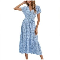 Udobne haljine za žene cvjetni visoki struk ljeto srednje dužine V-izrez A-line kratkih rukava za zabavu