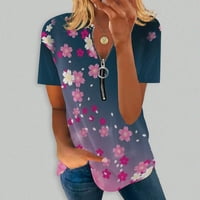 Penkaiy ženska modna labava udobnost V-izrez Zip Ispis kratkih rukava TOP bluza T -SHIrts za žene prevelike