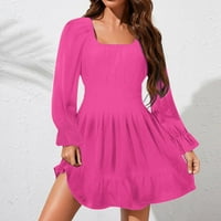 Ženski dugi rukav kvadratni izrez Friilless Night Slim Duljina šifonske haljine za žene Hot Pink_ L