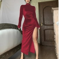 Ženske haljine Ženske turtleneck dugih rukava dugačak baršuna s vilim fit dresirane haljine za žene za žene crvene xxl