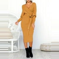 Haljine za žene Ženska modna pletena dugi rukav V-izrez Warm dugačka haljina ženska haljina žuta + m