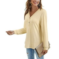majice za žene ženske čiste boje V-izrez gumb kauzalni dugi rukavi bluza labavi