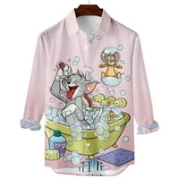 MENS Tom i Jerry obrasce gumb dolje majice dugih rukava ured slim fit bluze casual vrhovi sa džepom