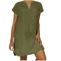 Ženska haljina za uklanjanje žena Žene Labavi V-izrez Ljeto Čvrsto kratkih rukava Pamuk i posteljina vojska zelena K1189