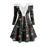 HGW Božićne odjeće žene Vintage Casual Sning Print Dugi rukav Božić s ramena labav zavoj haljina stilski