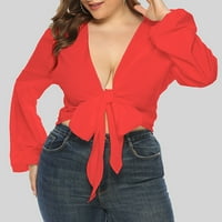 Žene plus veličina za uklanjanje žena modni ljetni seksi laciranje V izrez pune boje kratka majica s dugim rukavima Top crvena