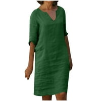 Ženska koljena Dužina pamučna haljina Ljetna prodaja Čvrsti rukav Boho Elegant Casual Comfy Holiday Beach V izrez za djevojke Vintage Fit Army Green M