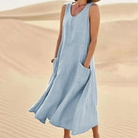 Zunfeo ljetne haljine za žensko Ležerne prilike sa labavim fit pamučnim posteljinom Boho haljina za odmor sa rukom sa džepom - plava 3xl