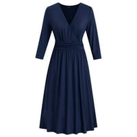 Haljine za žene Ženska A-Line Srednja duljina čvrstog rukava V-izrez Pocket Modni haljine plave s